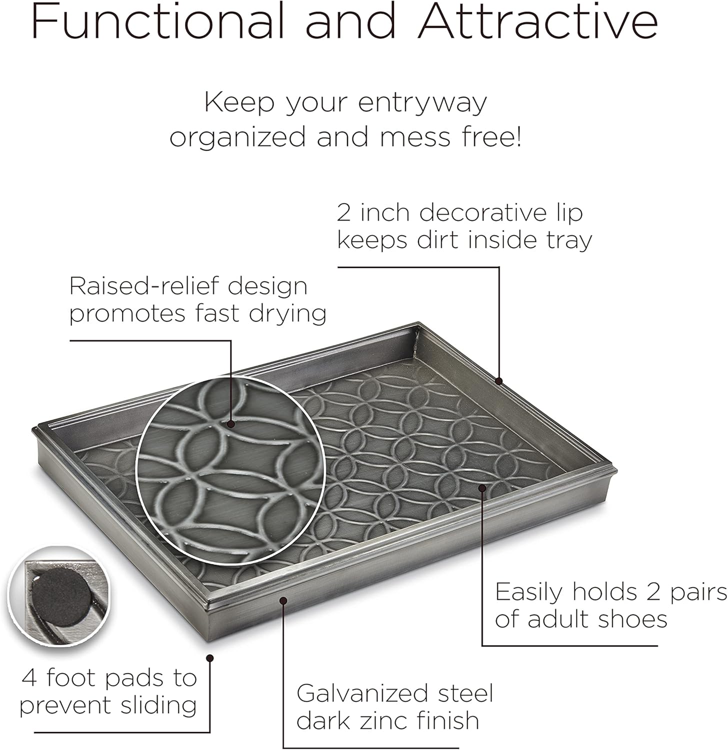 Good Directions 4205DZ Double Circles Boot Tray for Shoes, Plants, Pet Bowls, and More, 20" in x 14" in x 2" in, Dark Zinc Gray : Pet Supplies