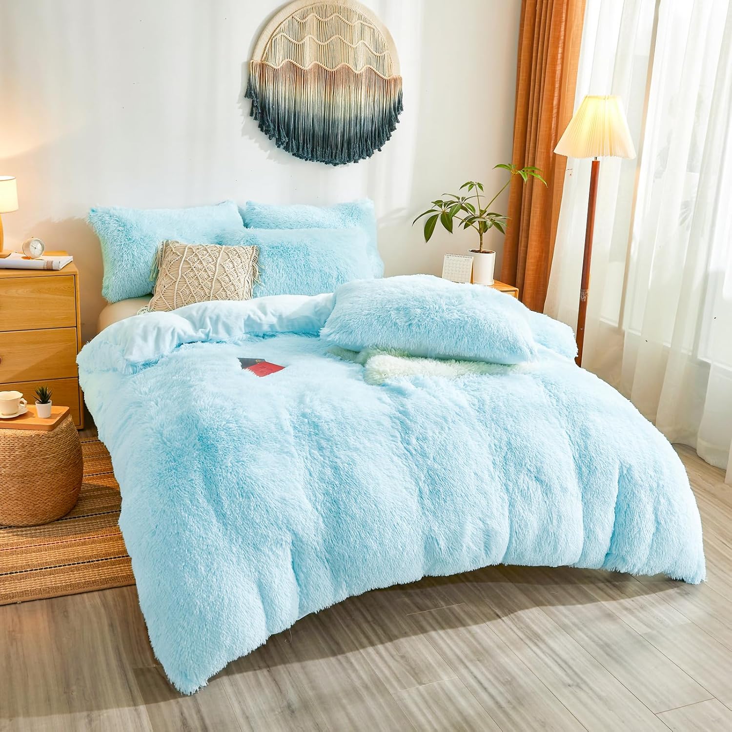 Besfunny Shaggy Fluffy Light Blue Comforter Cover Queen Set – Faux Fur Shaggy Light Blue Bedding 3-Piece Set (1 Duvet Cover + 2 Furry Pillow Shams) Cozy Bed Set