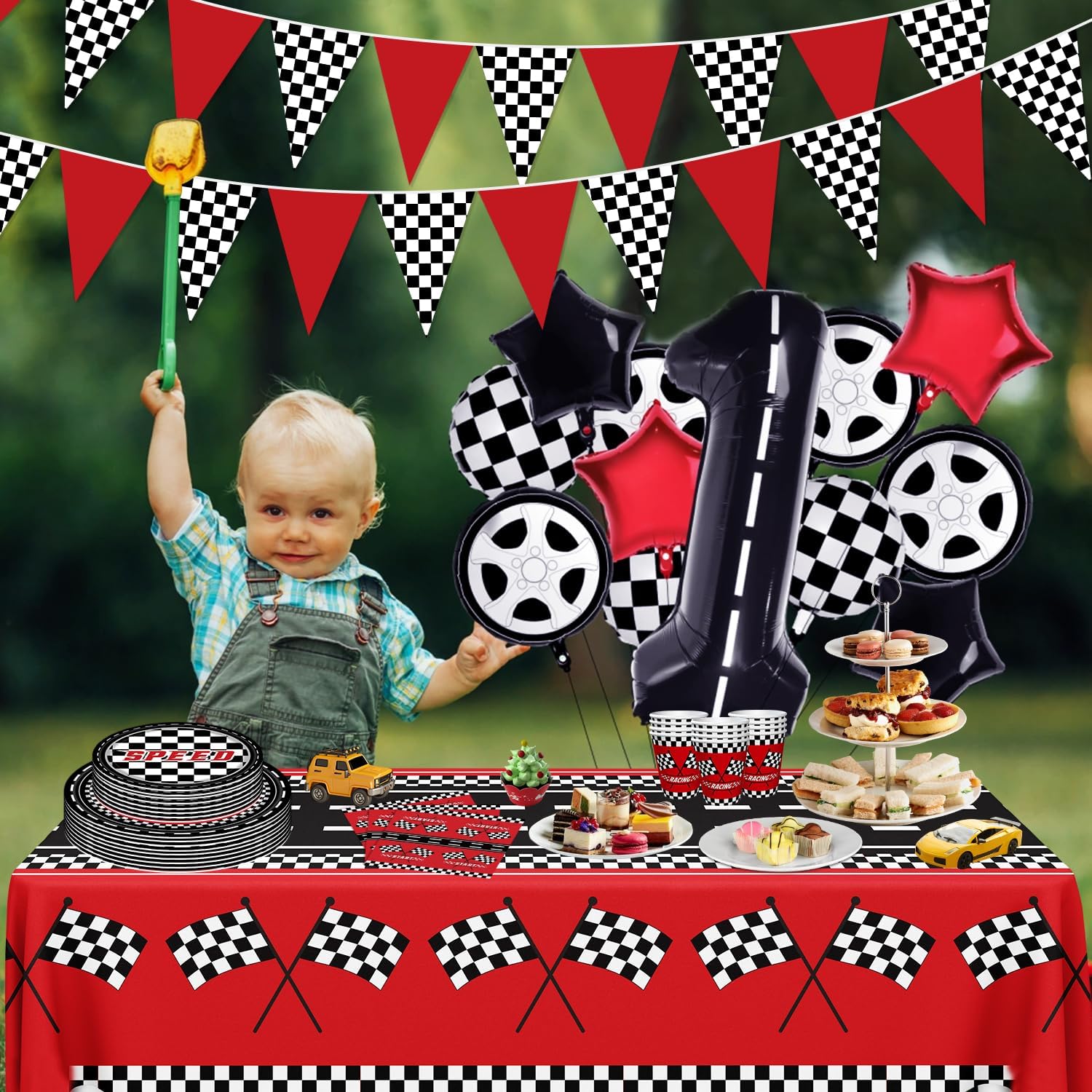 83Pcs Racing Car Theme Party Supplies Set Race Car Party Binnerware Set Racecar Birthday Decorations Checkered Racer Birthday Dinnerware Start Engines Racing Themed Tableware Set Serves 20 - Image 6