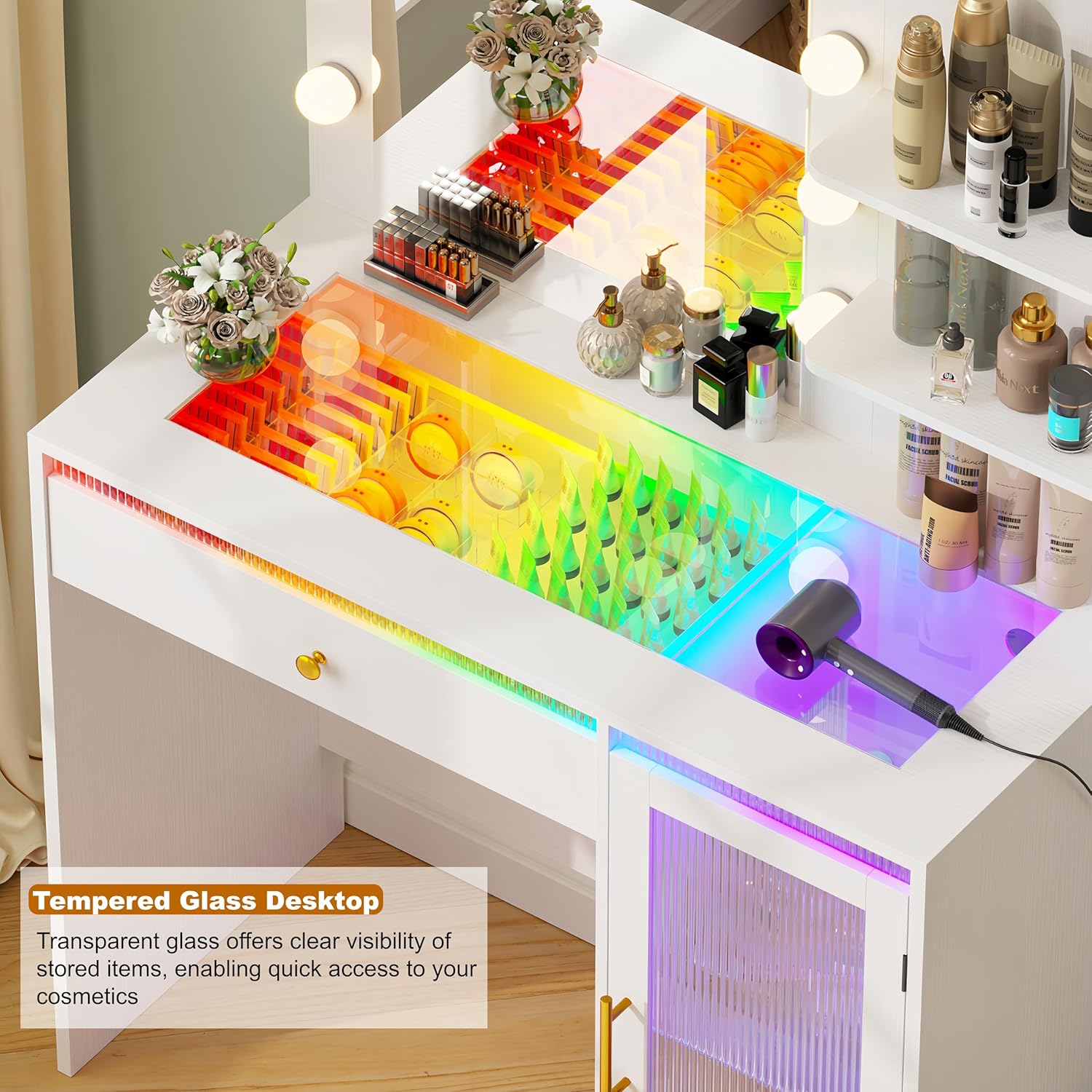 Keehusux 35.4" Makeup Vanity Desk with LED Mirror & Lights, White Vanity Table with Glass Top, Power Outlet, RGB Drawer & Cabinet, 3 Lighting Modes Adjustable Bedroom Dressing Table for Women, Girls