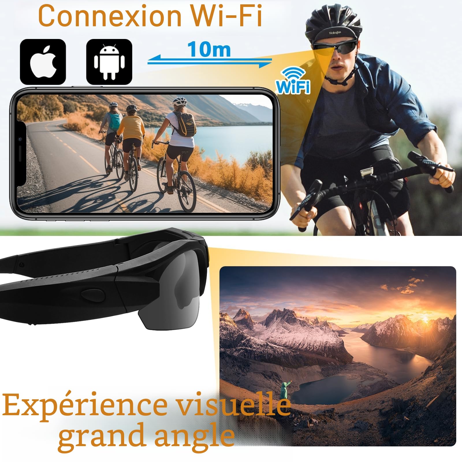 Lunette Camera 4K WiFi Grand Angle, Polarisé pour Sport & Aventure | 100min batterie, 256GB SD, enregistrement en boucle, lentilles polarisées UV, étui inclus