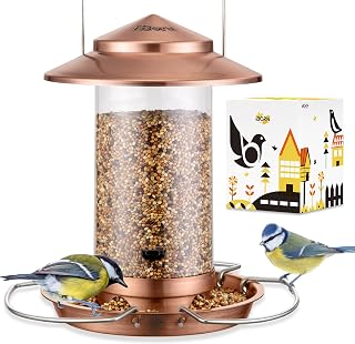 iBorn Squirrel Chew-Proof Metal Bird Feeder - Hanging Outdoor Cardinal Feeder, 1.5LB Capacity, 3 Foldable Perches, Brushed Copper