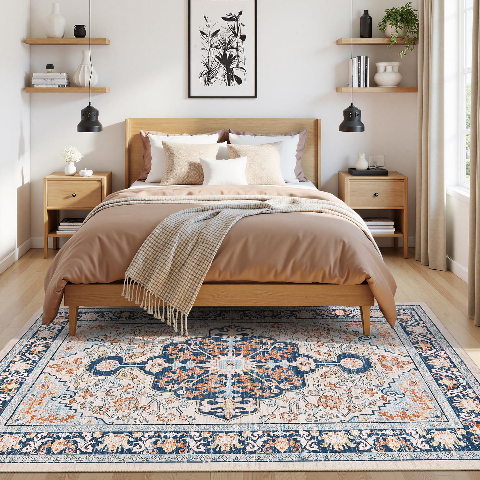 U'Artlines Tapis vintage bohème de 15,2 x 24,7 cm, lavable en machine, tapis de sol doux, antidérapant et antidérapant pour salon, chambre à coucher, entrée, salle à manger, bureau, orange et bleu