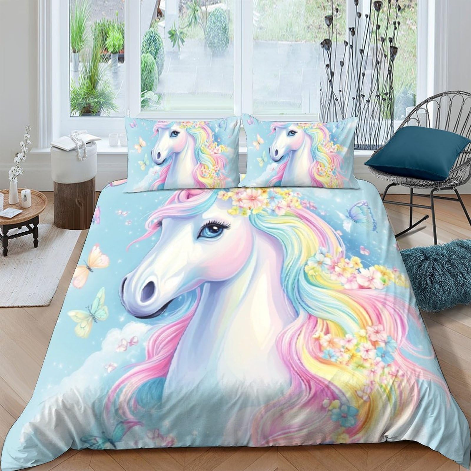 Ctjqhvkz Style-2 3D Printed Pastel Unicorn Fitted Sheet Microfiber Soft Anti-Slip Rainbow Horse Mattress Cover For Bedroom Decor Single（135X200cm）
