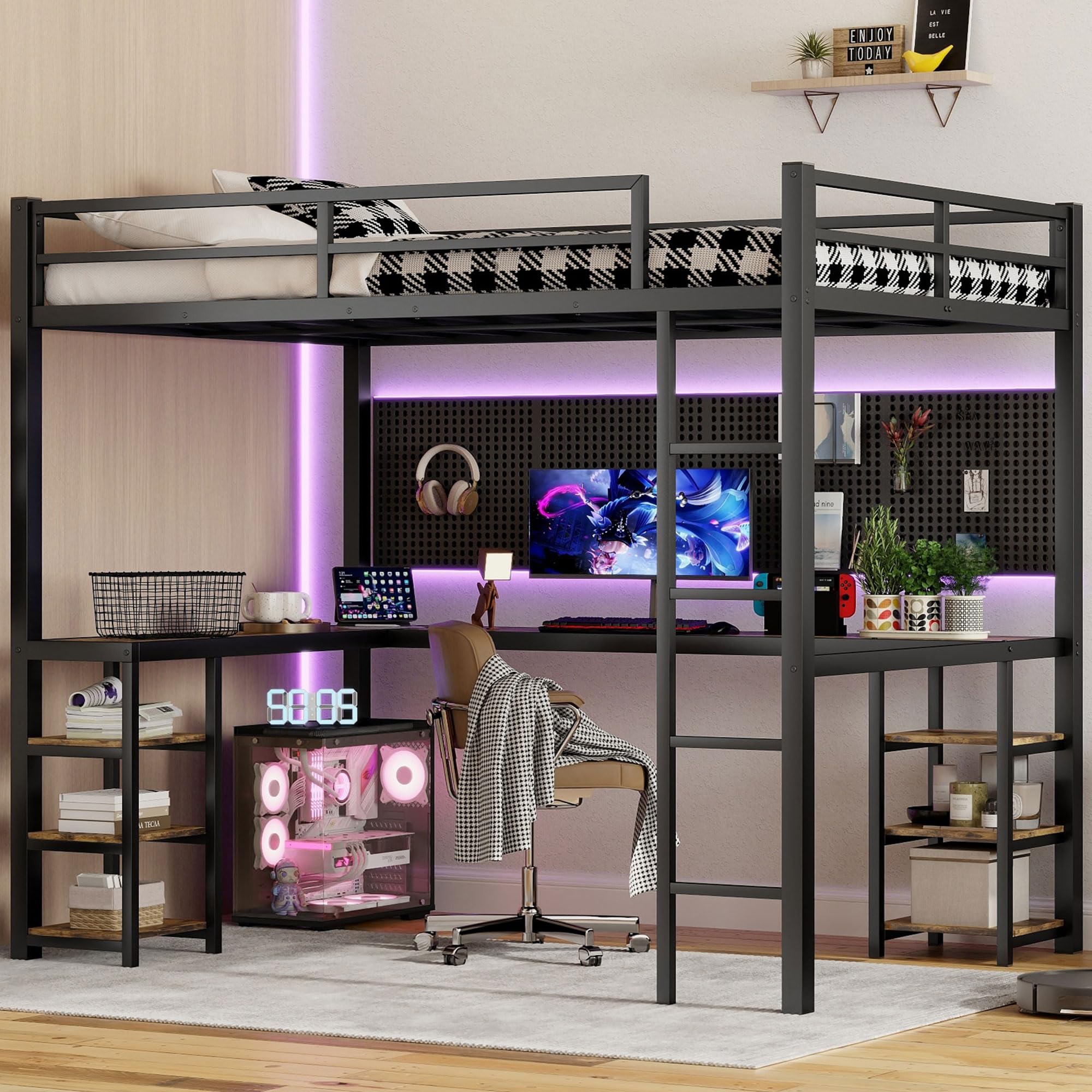 full xl loft bed with desk and storage, heavy duty metal loft bed with vintage desk, ladder and guardrail, full xl loft bed for kids, teens(full xl black loft bed)