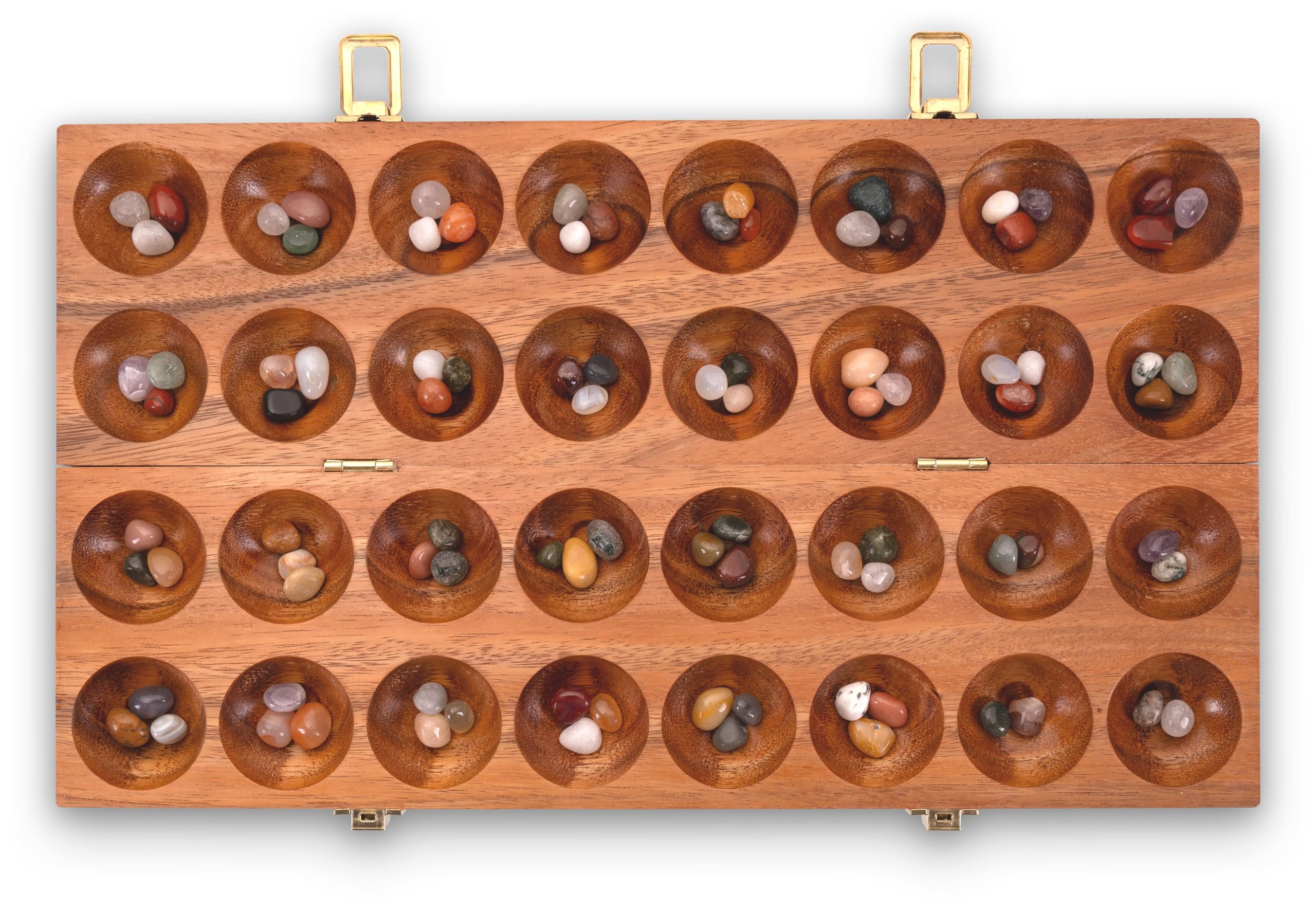 LOGOPLAY Mancala Bao Spiel mit Metallverschlüssen für 2 Spieler inkl. Edelsteinen