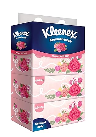 Kleenex 3 ply Scented Facial Tissue Flat Box - Rose Aroma, 90 Pulls, Pack of 4 (Total 360 Sheets) (33347F)