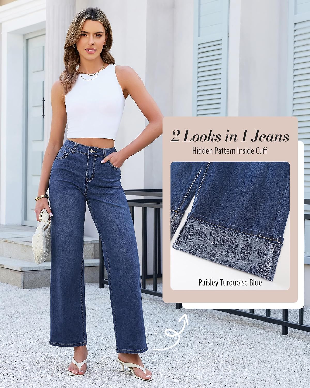 GRAPENT Wide Leg Jeans for Women Trendy Cropped High Waisted Printed Fold Hem Loose Straight Leg Stretchy Denim Pants
