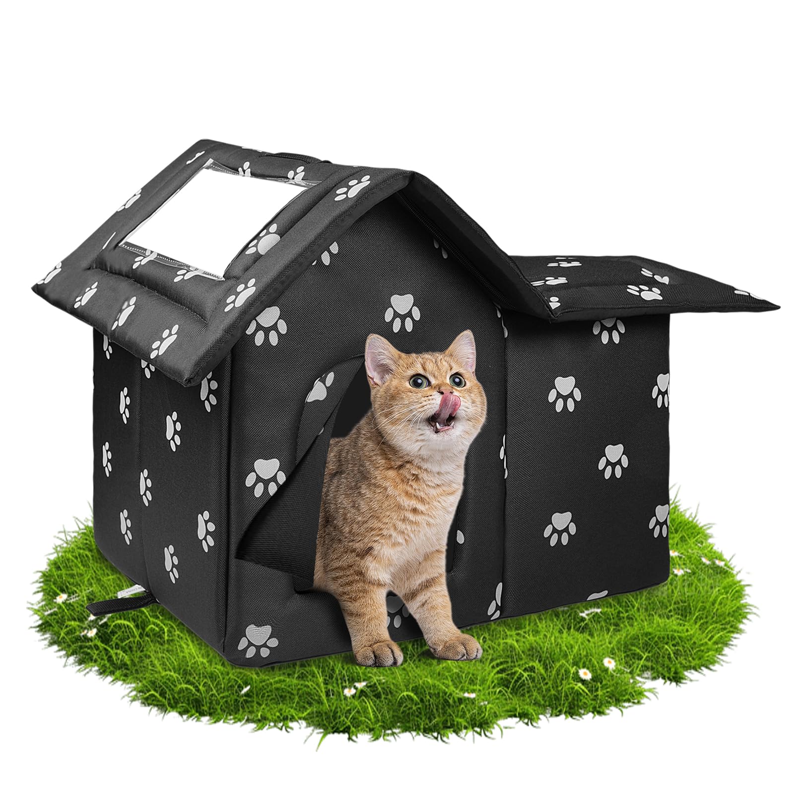 large outdoor cat house weatherproof, houses for outdoor cats feral, collapsible outside cat house with windproof door, diy cardboard and soft mat, insulated stable stray cats shelter in winter