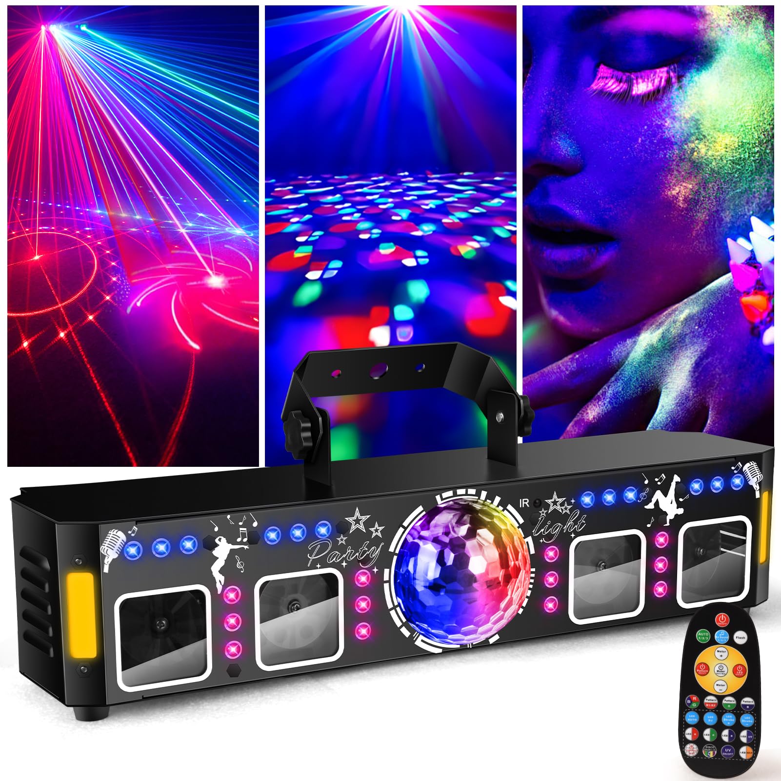 Fwiull 6-en-1 Jeux de Lumière Soiree Professionnel avec Télécommande, Effets RGB UV avec Stroboscope Doré, Contrôle DMX et Sonore, Lampe de Scène pour Fête, DJ, Club, Halloween, Noël
