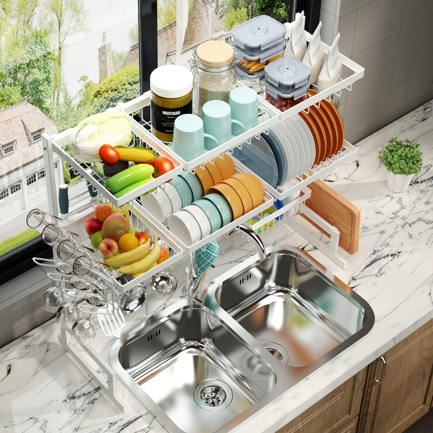 Gеt Sресіаl Prісе 3 Tier Adjustable Dish Drying Rack Over Sink (34-44.5) Large 2 Cutlery Holders Dish Drainer for Kitchen Storage Counter Organization, Stainless Steel Dish Rack Display (34≤Sink Size≤44.5inch, white)