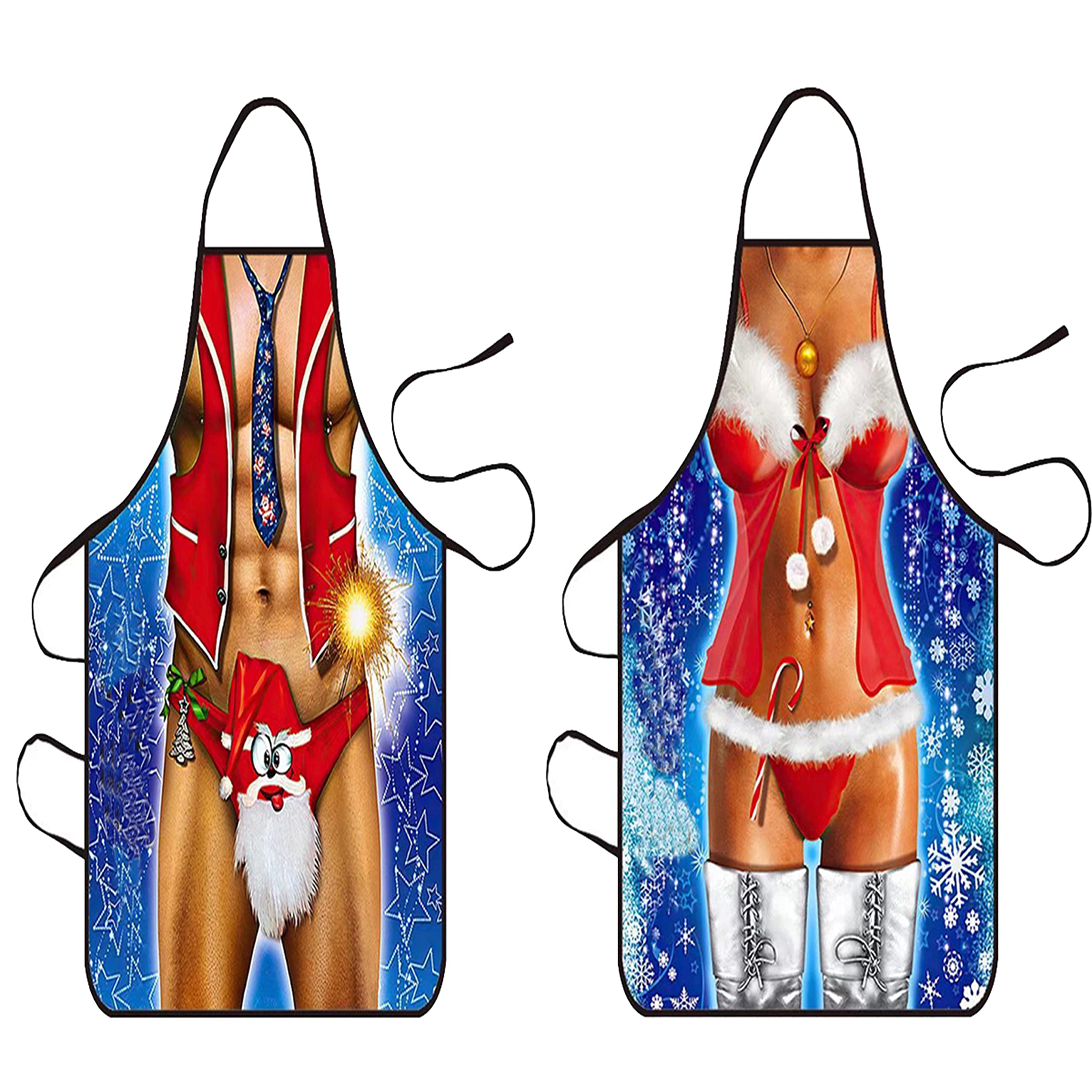 Delantales de cocina de Navidad, delantales divertidos de Papá Noel para hombres y mujeres, partido de cocina, delantal sexy para barbacoa (paquete de 2), Esposa y marido D