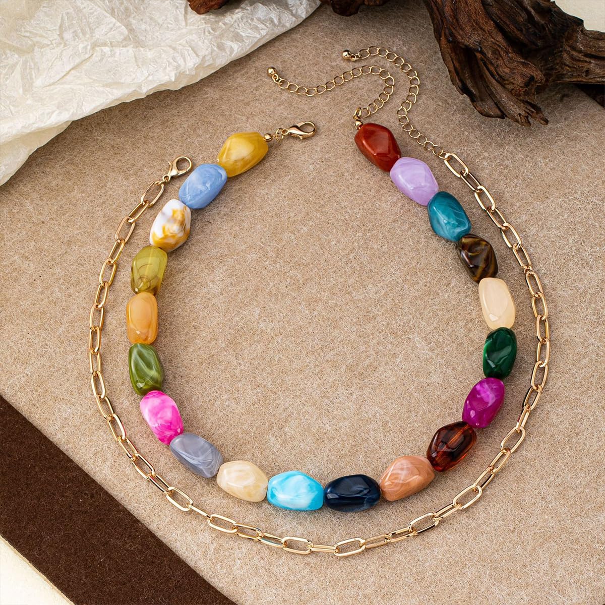 PTNO Colorful Beaded Necklace Statement Chunky Necklace for Women Colorful Resin Beaded Boho Summer Vacation Jewelry
