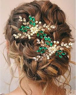 Crystal Wedding Hair Pins Pearl Rhinestone Flower Bridal Hair Pieces Decorative Accessories for Women and Girls (Pack of 2) (Green)