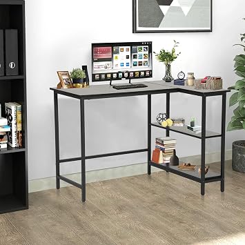 43 Inch Modern L-Shaped Desk,Gaming & Work Desk with Flip-Up Storage Shelf,Corner Desk with Durable Metal Frame, Scratch-Proof Surface for Home Office or Gaming Setup,Black