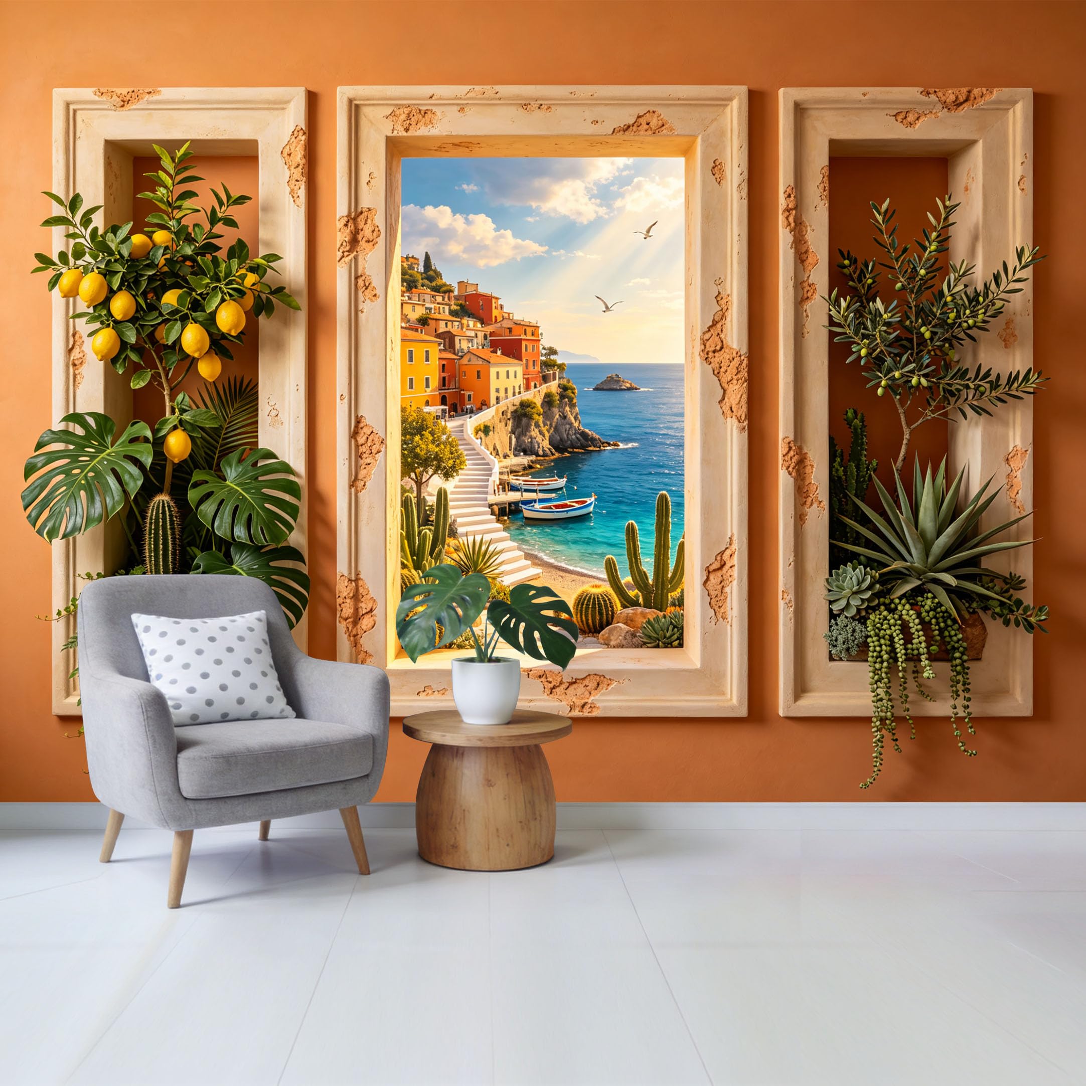 Custom Size Wall Mural Coastal Mediterranean Seaside Village with Colorful Houses Boats and Tropical Plants Removable Self Adhesive Fabric Home Wall Decor for Living Room Bedroom Bathroom
