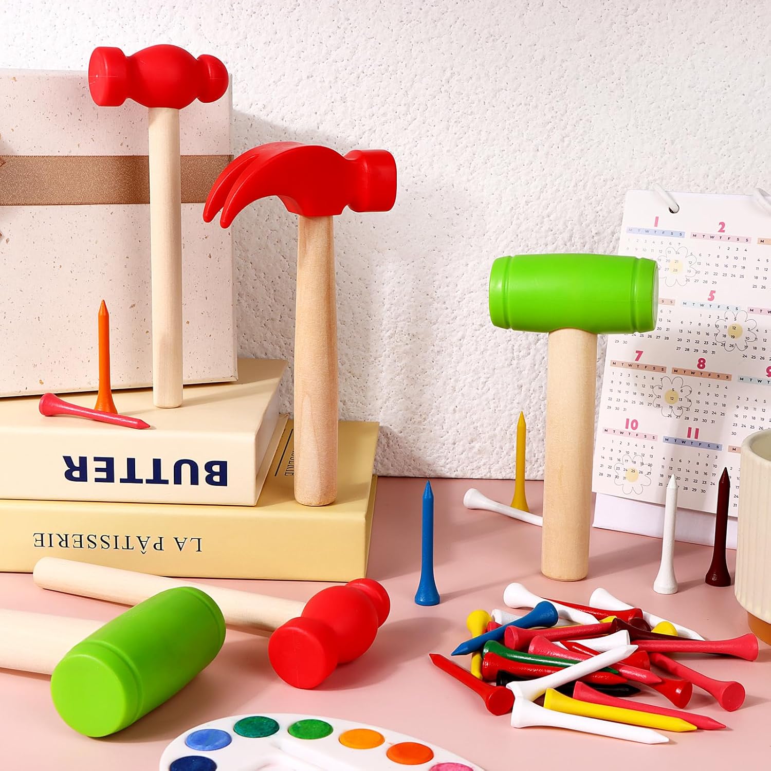 12Pcs Hammer Toys with 100Pcs Small Wooden Hammer Simulation Fake Hammer Maintenance Tools,Toy Hammer Plastic Toddler Claw Hammer Portable Toys Pretend Play Fake Mallet Hammer for Boys Girls