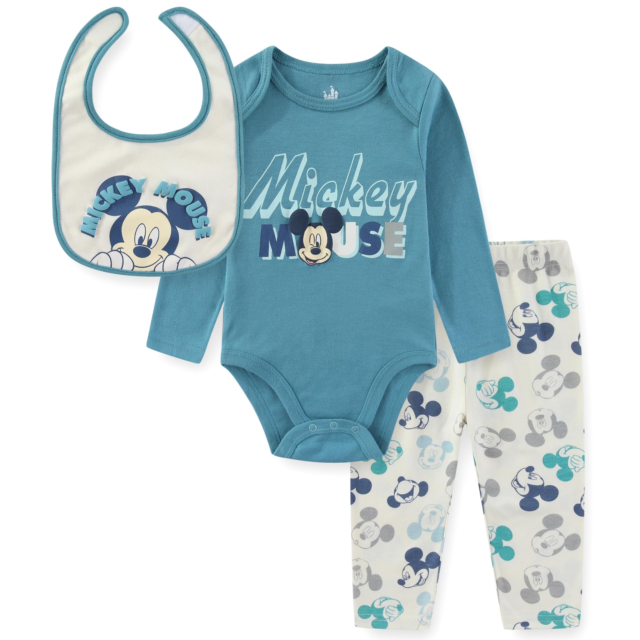 Disney Mickey Mouse Baby Boys Long Sleeve Bodysuit with Bib and Pants Set