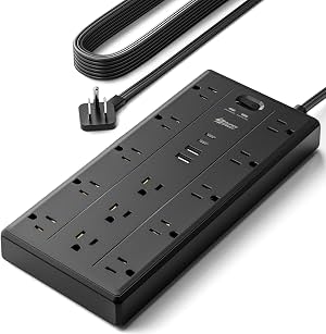 SUPERDANNY Cable Extensor de 10 pies con Múltiples Enchufes, Regleta de Corriente con Enchufe Plano | 2100J, 13AC 2 USB C 2 USB A Puertos de Carga, Protector de Sobretensiones, Estación de Carga para Escritorio, Esencial para Hogar, Oficina y Dormitorio Universitario