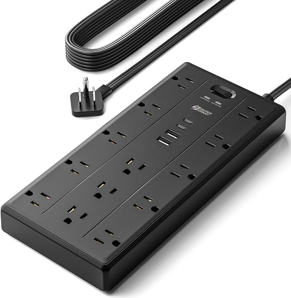 SUPERDANNY Cable Extensor de 10 pies con Múltiples Enchufes, Regleta de Corriente con Enchufe Plano | 2100J, 13AC 2 USB C 2 USB A Puertos de Carga, Protector de Sobretensiones, Estación de Carga para Escritorio, Esencial para Hogar, Oficina y Dormitorio Universitario