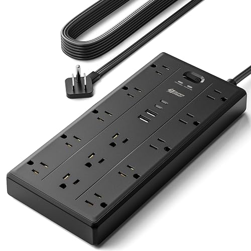 SUPERDANNY 10Ft Extension Cord with Multiple Outlets, Flat Plug Power Strip | 2100J, 13AC 2 USB C 2 USB A Charging Ports, Surge Protector, Desk Charging Station, Home Office, College Dorm Room Essentials