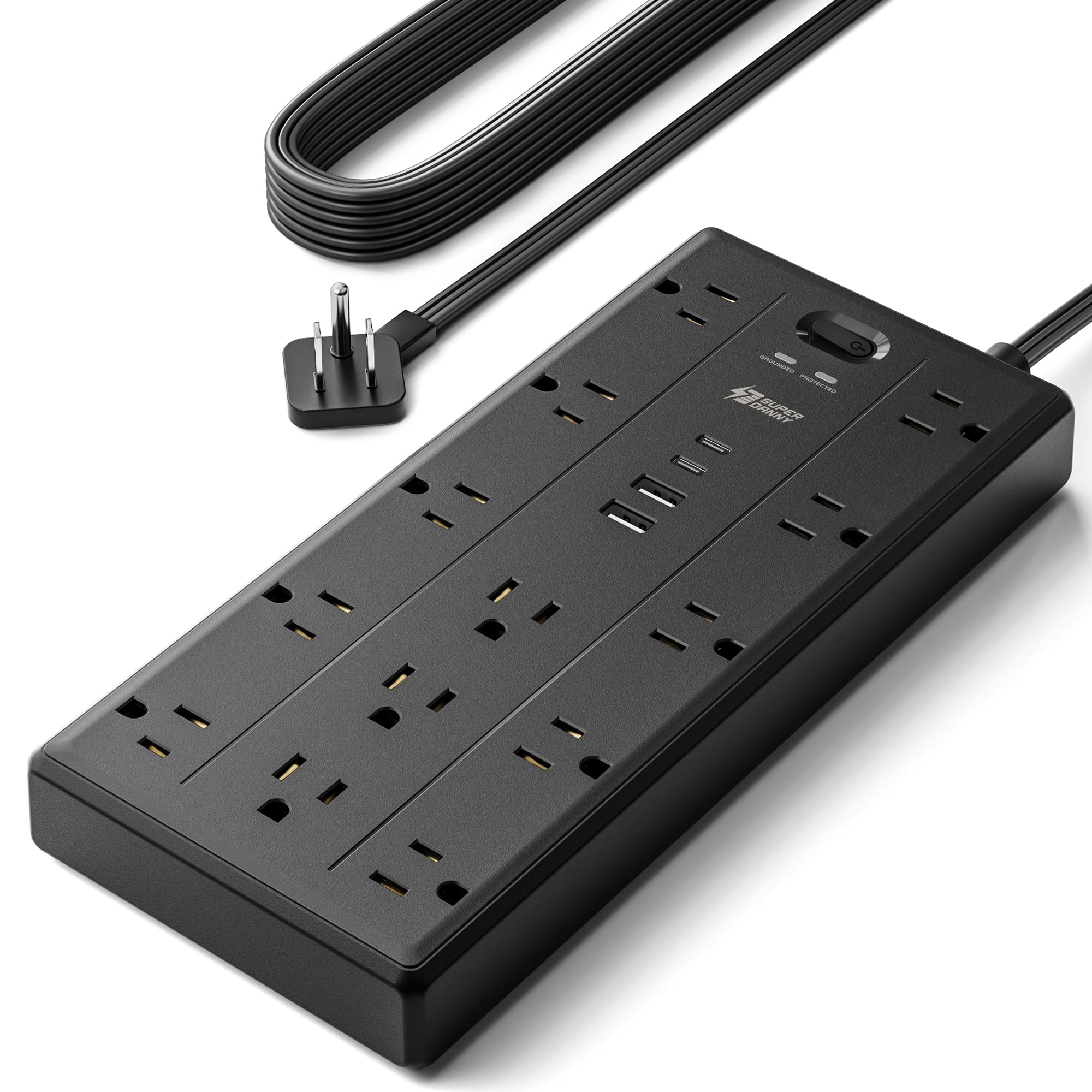 Photo 1 of 10Ft Extension Cord with Multiple Outlets, Flat Plug Power Strip with 2100J Surge Protector, 13 Outlets, 2 USB A, 2 USB C, Desk USB Charging Station, Home Office, College Dorm Room Essentials, Black