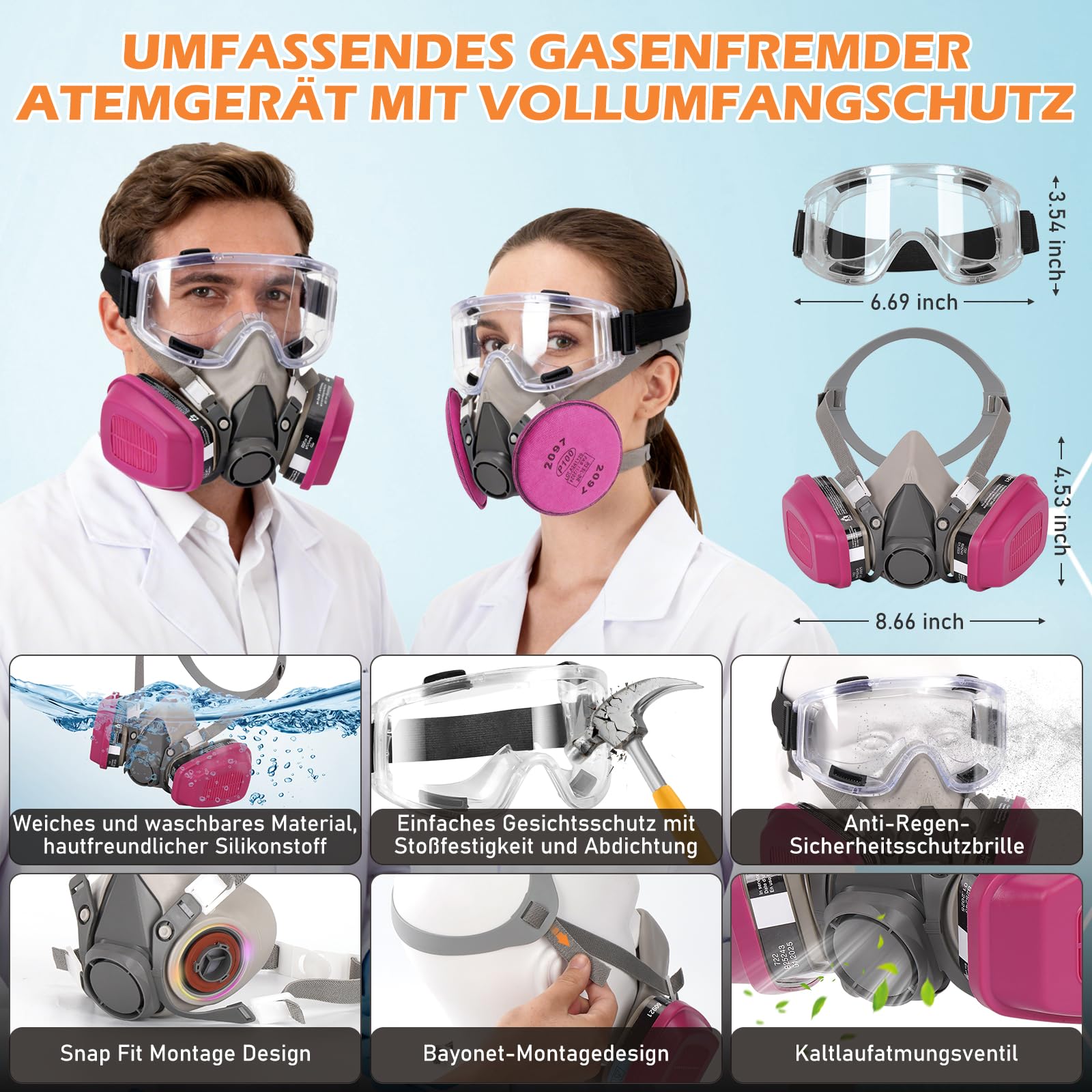 Wiederverwendbare Atemschutzmaske mit 60921 & 2097 Filter, Gasmaske Staubfilter und Schutzbrille für Lackieren, Feinstaub, Bauarbeiten, Schweißen, Schneiden, Labor, Landwirtschaft, Industrie