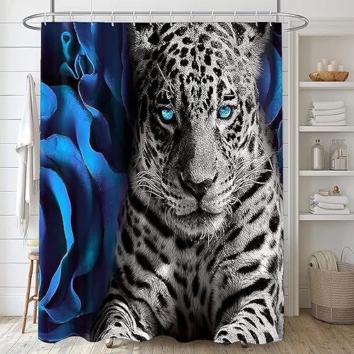 Miniatura 2 de Juego de cortina de ducha con diseño de rosa azul y leopardo con 12 ganchos, juego de cortina de baño duradera, 72 x 72 pulgadas