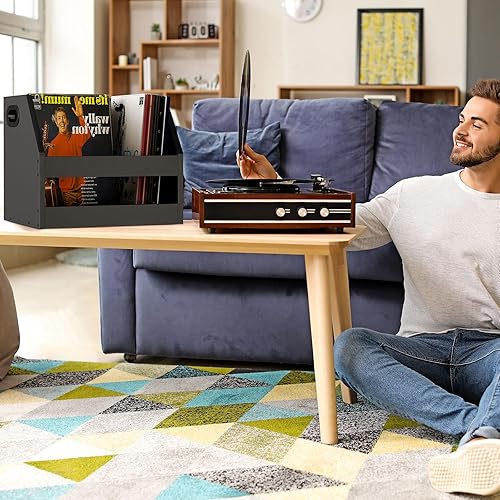 Miniatura 6 de YMYNY Soporte para almacenamiento de discos, caja de vinilo con asa, estante de libros, organizador de escritorio trapezoidal LP para carpetas,