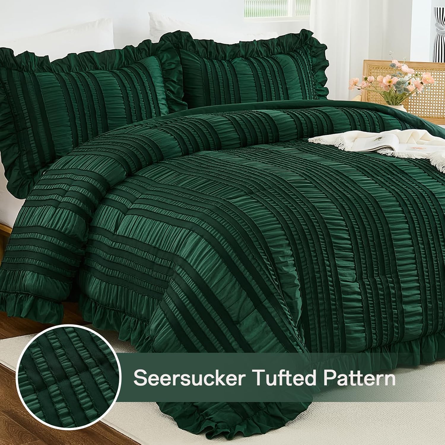 WONGS BEDDING Queen Size Comforter,Christmas Emerald Green Boho Comforter Set Queen,Shabby Chic Bedding Set for Bed, 3 Pieces Soft Lightweight Farmhouse Comforter for All Season 90"×90" Emerald Green Queen