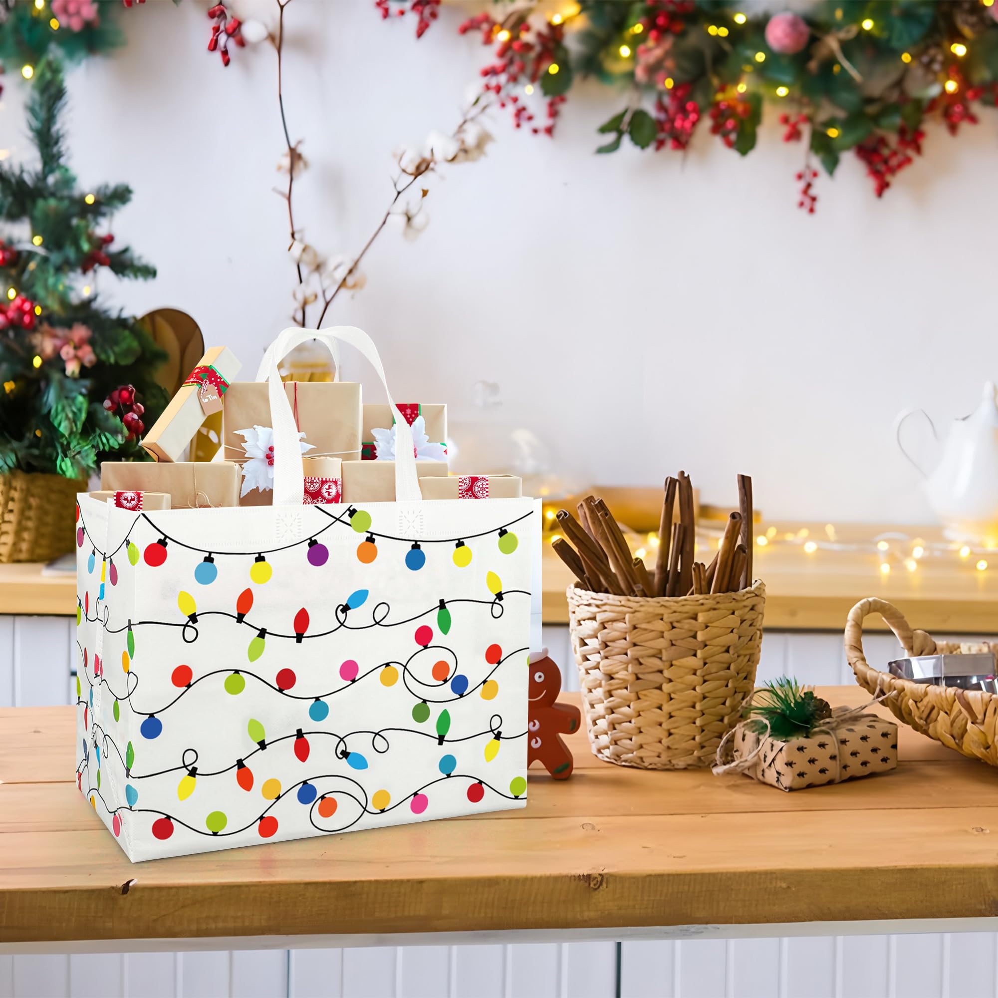 12 sacchetti regalo natalizi in tessuto non tessuto, con luci colorate, riutilizzabili, con manici, sacchetti per regali di Natale, feste, bomboniere, forniture per confezioni regalo, 32 x 24 x 17 cm