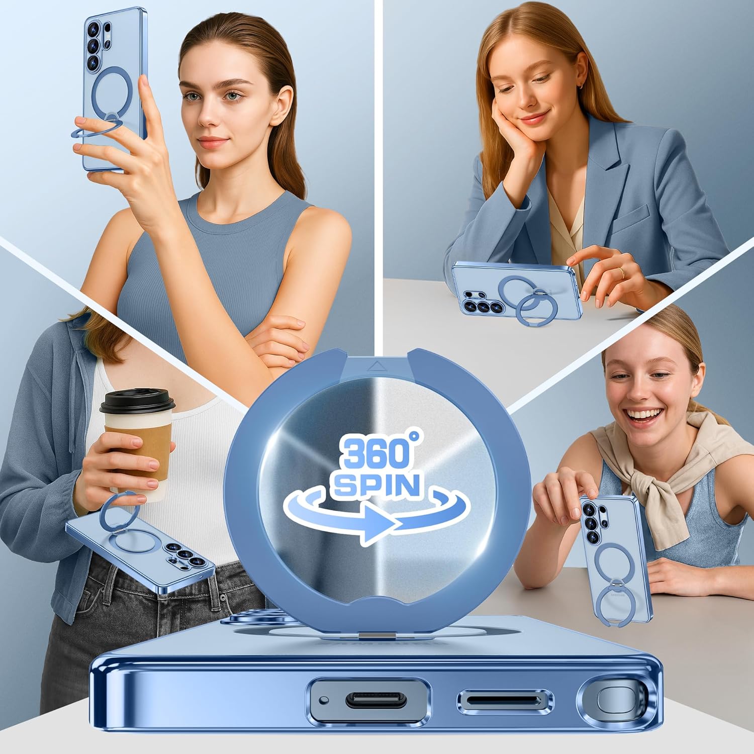 Magnetic for Samsung Galaxy S26 Ultra Case with 360° Spin Stand,[Compatible with MagSafe][Military Drop Protection] Shockproof Phone Cover for Galaxy S26 Ultra with Kickstand(Sky Blue/Clear)