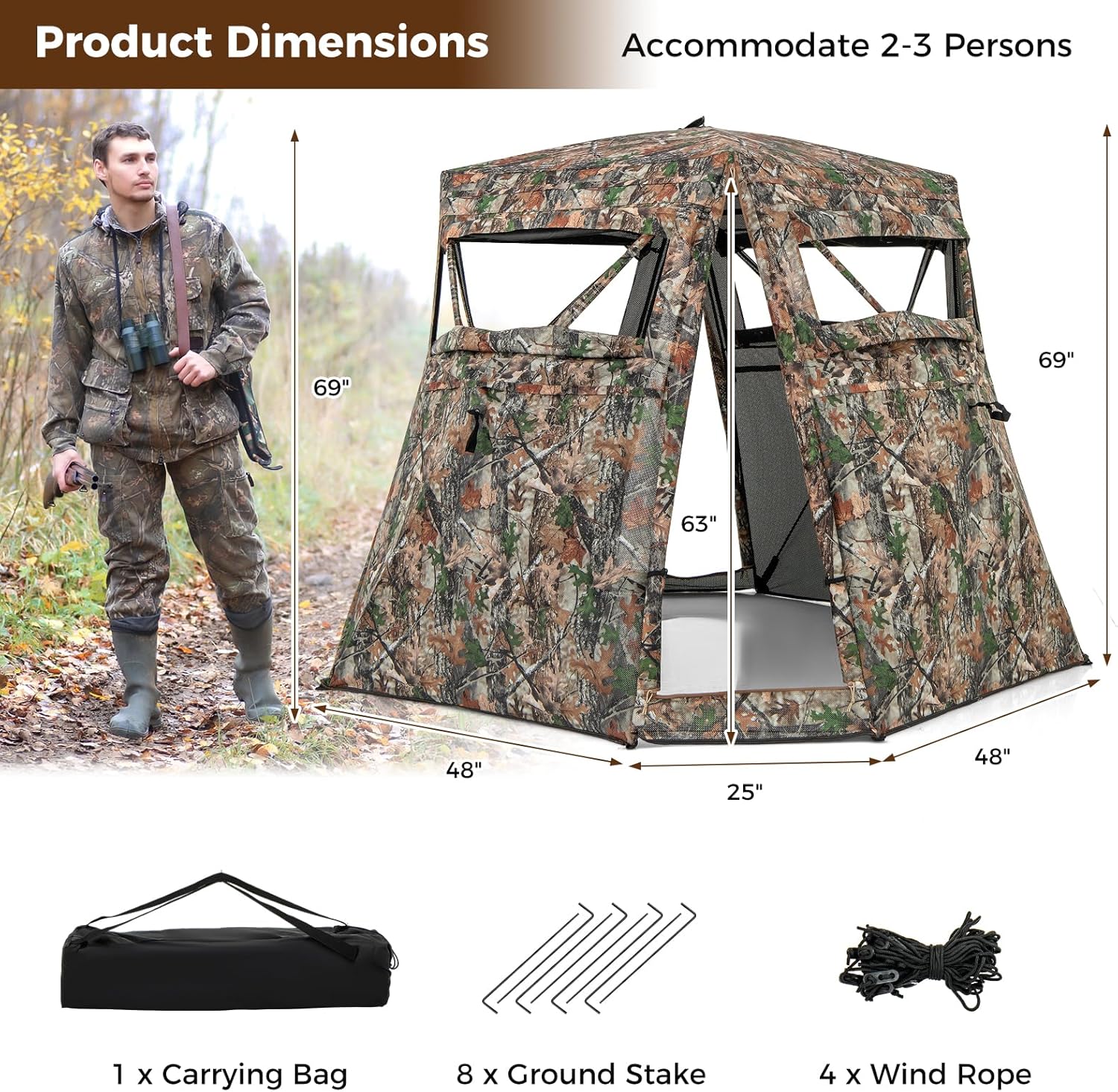 Goplus Camouflage Hunting Blind, One-Way See-Through Hunting Tent w/360° Viewing Range, Carrying Bag, 4 Openings & 4 Windows, Pop up Stakeout Camouflage Ground Blind for Deer & Turkey Hunting