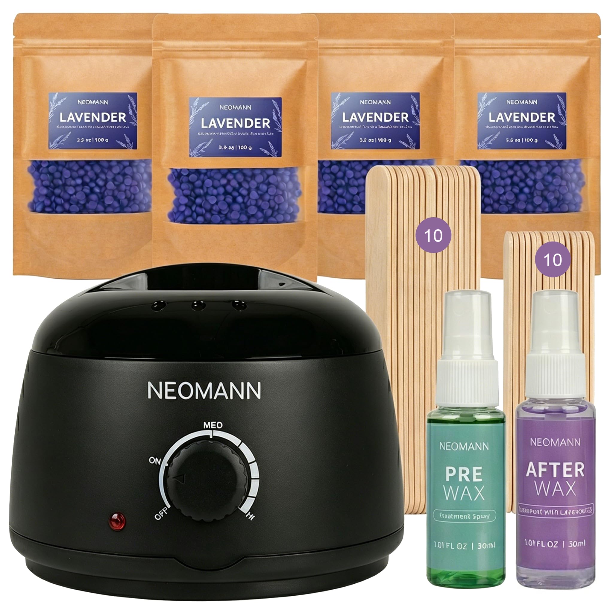 Waxer II LAV Kit Ceretta Brasiliana Professionale | Scaldacera Nero con Pentolino Antiaderente, 400g Perle di Cera alla Lavanda, Spray Pre e Post Epilazione e 20 Spatole