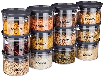 Amazon Solimo Plastic Storage Jar and Container Set I Air Tight & BPA Free Containers for Kitchen Storage Set I Grocery Kitchen Container Set I Multipurpose Jar, 500 Ml Each, Set 12, Grey - image, photos