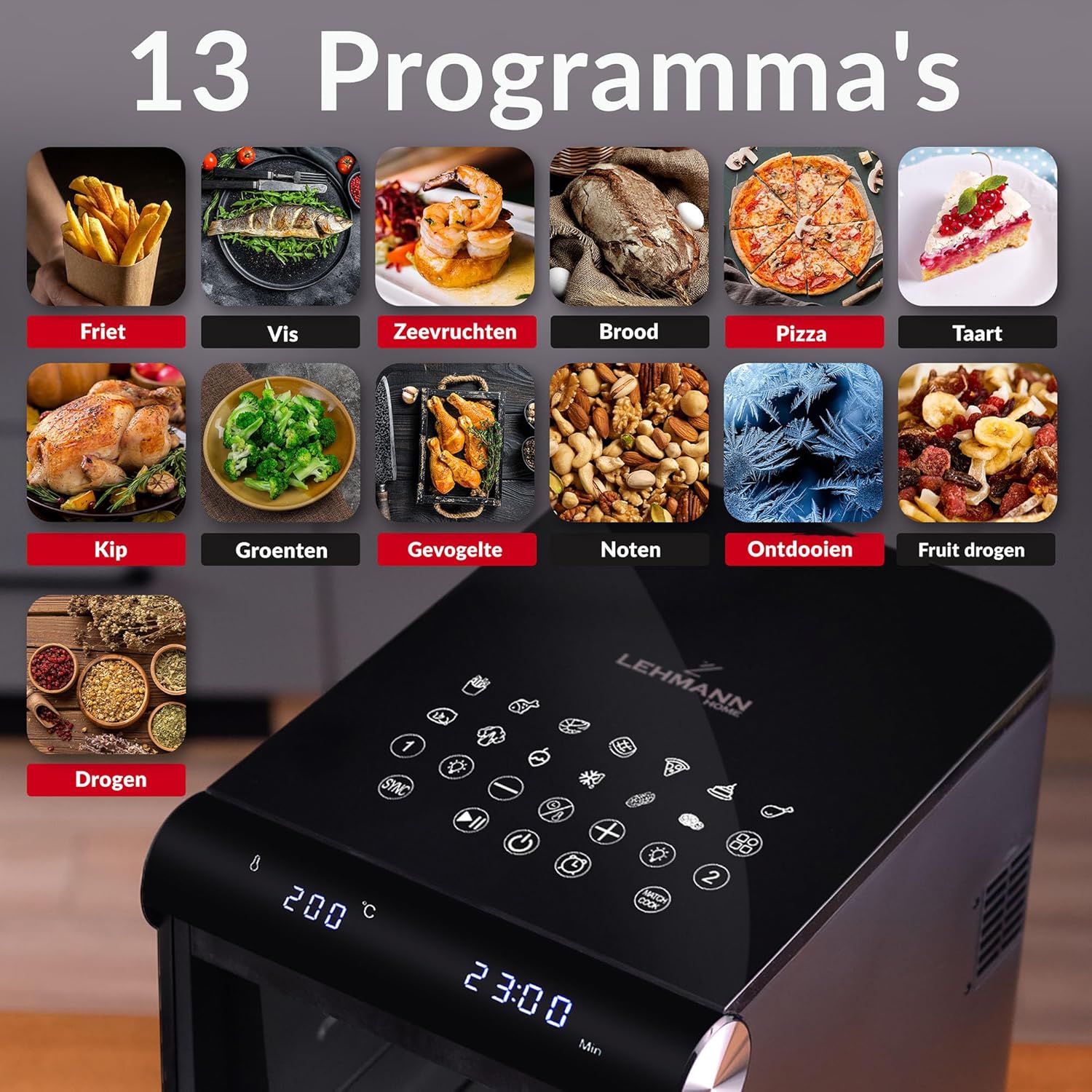 LEHMANN XXL Dual Zone Airfryer control panel showing 13 pre-set programs