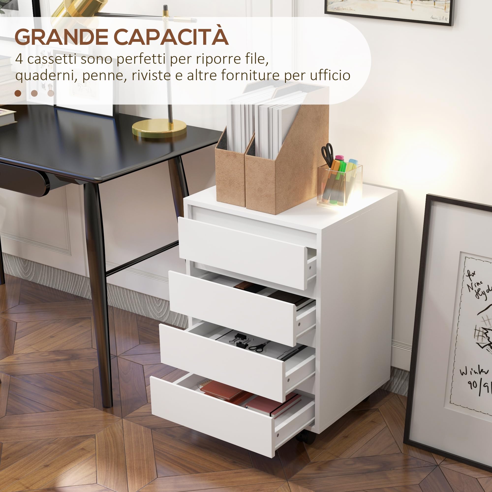 HOMCOM Schedario da Ufficio con 4 Cassetti, Ruote a Freno, Cassettiera Scrivania per Lettera/Formato A4/Legale, Cassettiera Ufficio per Studio Sotto Scrivania, 46x40x65 cm, Bianco