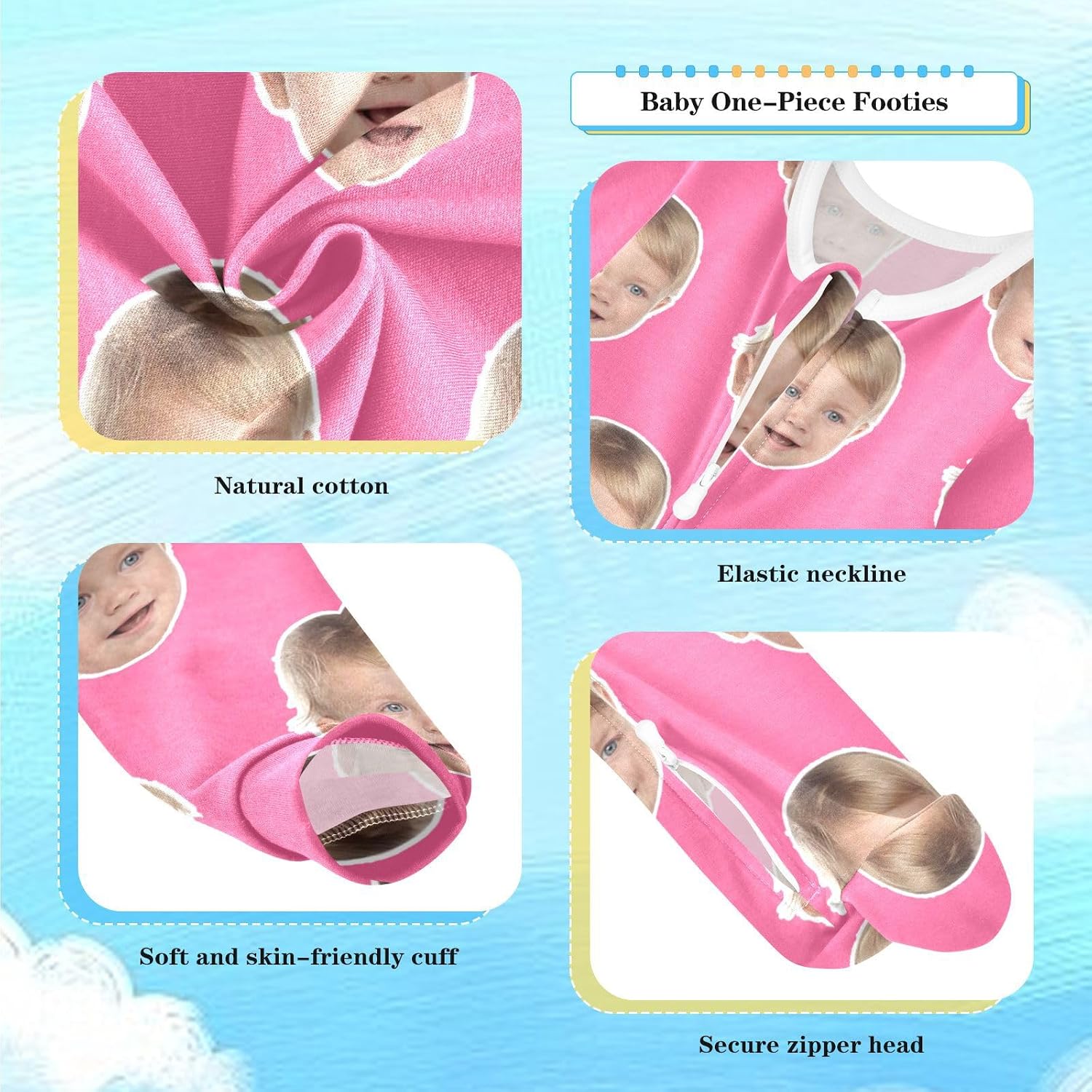 DOMIKING Unisex Custom Photo Baby One-Piece Pajamas Infant Footies Pesonalized Sleeper Pjs for Sleep Play 3-24M