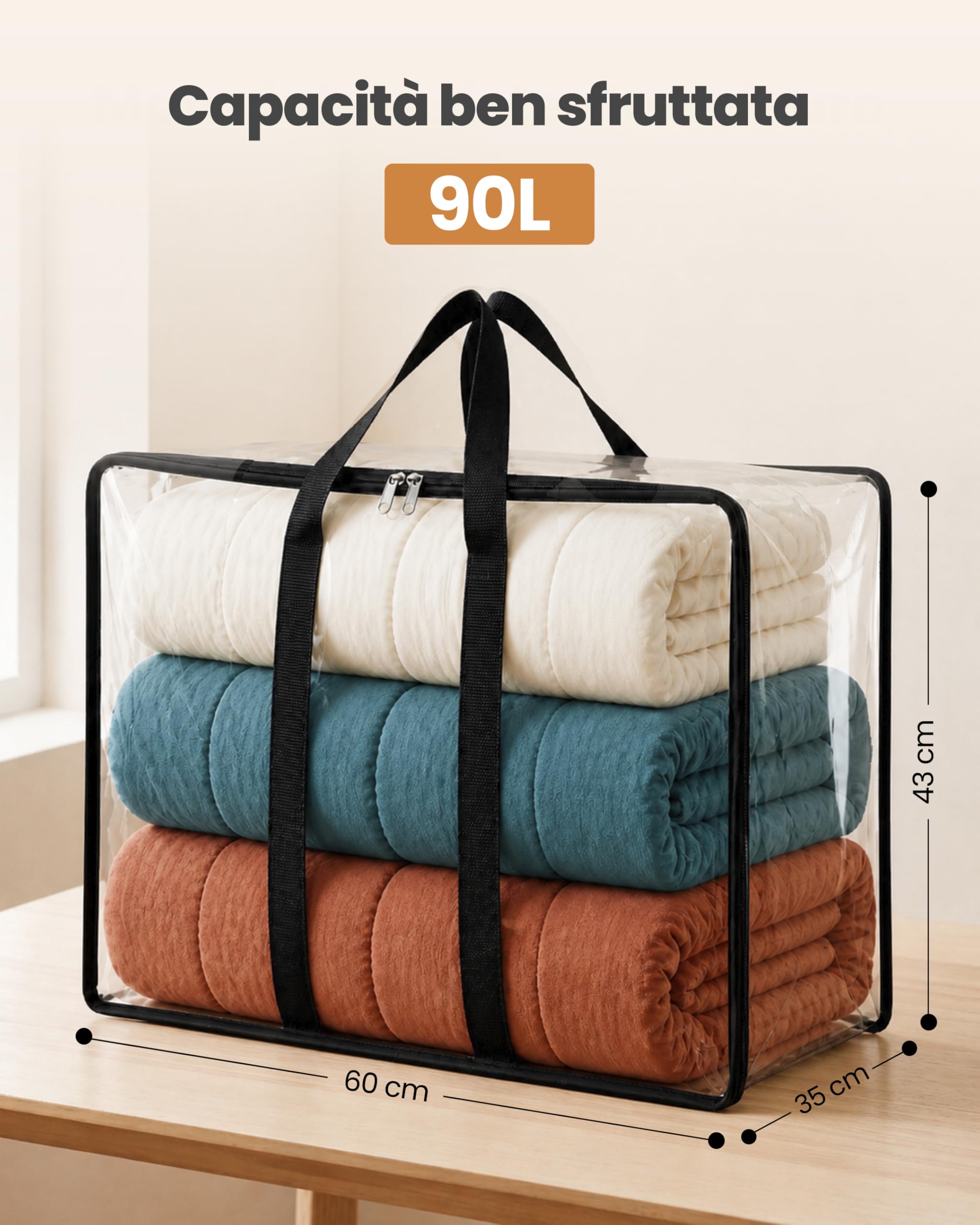 unycos - Scatole per Armadio x 5 Unità【90L】 Contenitori Sottoletto Trasparenti in PVC, Salvaspazio, Pieghevoli con Manici Rinforzati e Cerniera Bidirezionale per Maglioni, Cappotti (60 x 35 x 43 cm)