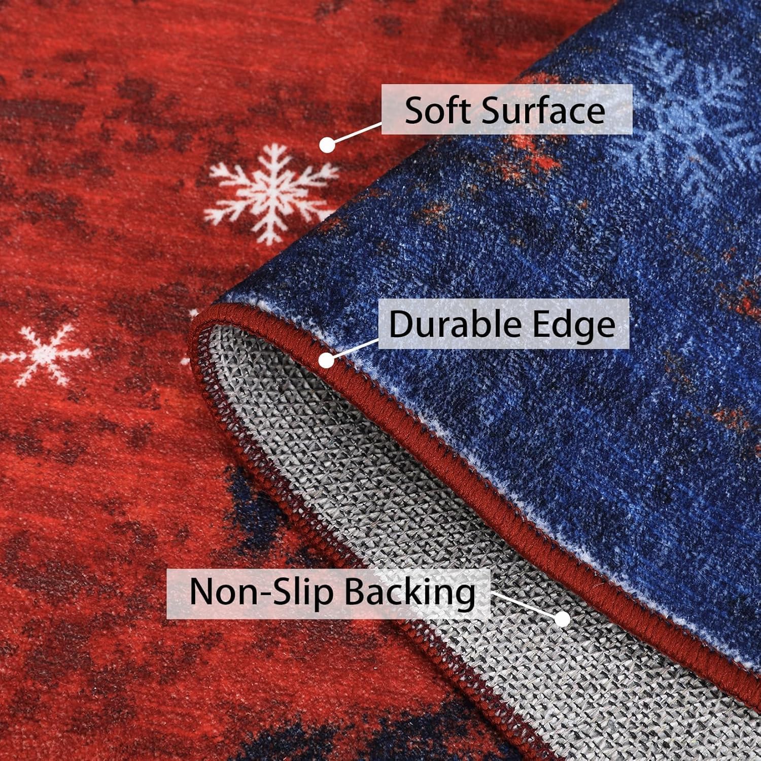 GarveeHome 3x5 Red Blue Xmas Snowflake Washable Area Rug for Living Room Low Pile Soft Office Rug Non Slip Bedroom Rug Non-Shedding Christmas Snow Small Carpet for Bedside Entryway Porch Kitchen