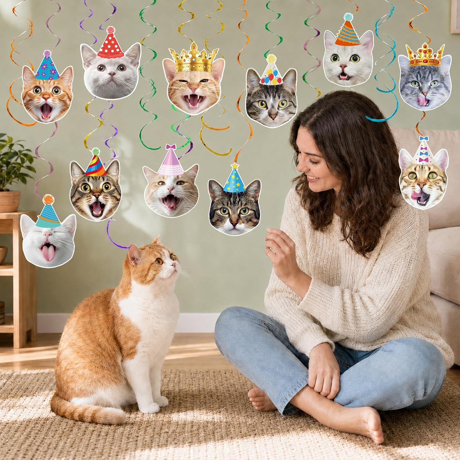 30 PCS Cat Theme Hanging Swirls Decorations Pre-Strung Kitten Birthday Party Decorations Pet Cats Hanging Cutouts Ceiling Streamers for Kids Baby Shower Cats Lovers Pet Birthday Party Decor