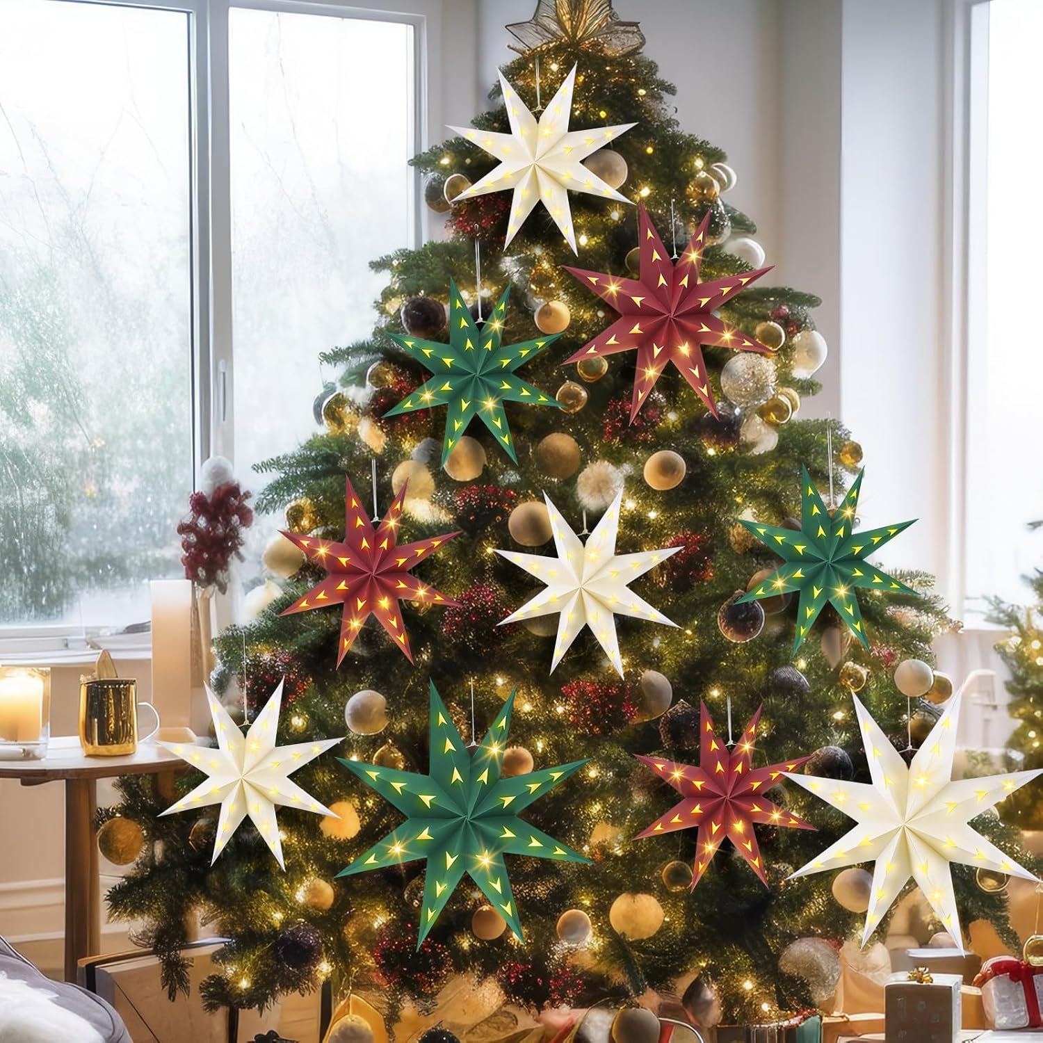 Baquler 20 Sets Paper Star Lantern 8-Pointed 17.7" 12" Christmas Hanging Lamp Decorations 3D Lampshade Hanging Decor with 20 LED Light for Xmas New Year(Green and Red Series)