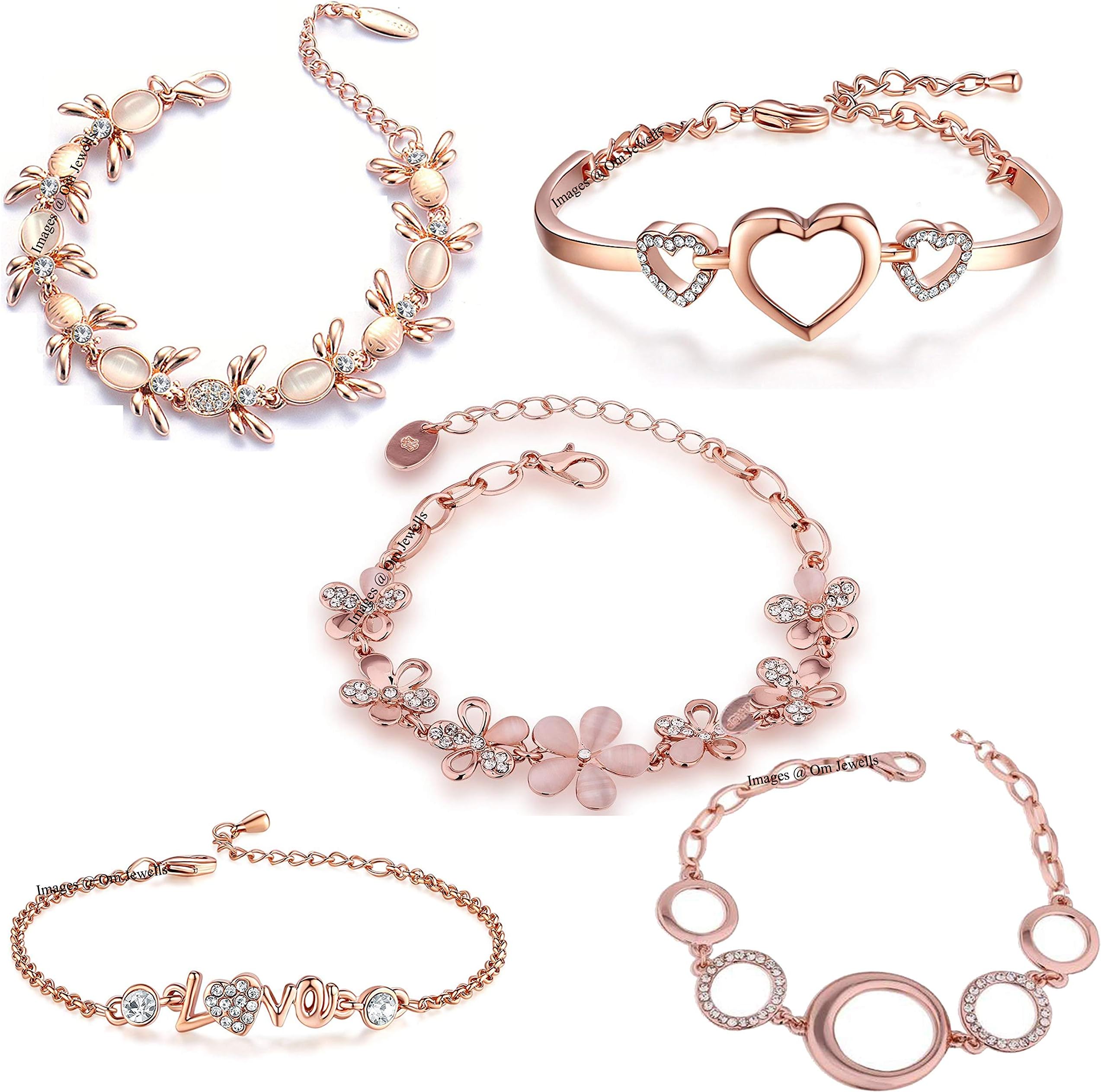 Om Jewells Valentine Gift Rose Gold Plated Jewellery Combo Of 5 Adjustable Chain Bangle Bracelet Emblished With White Crystal Elements Fitted for Girls & Women CO1000280 (Pink)