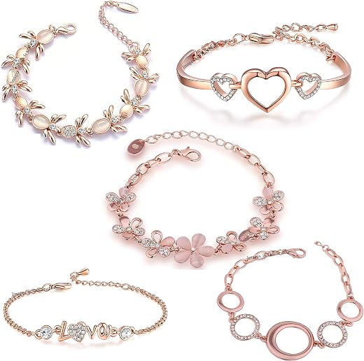 Om Jewells Valentine Gift Rose Gold Plated Jewellery Combo Of 5 Adjustable Chain Bangle Bracelet Emblished With White Crys...