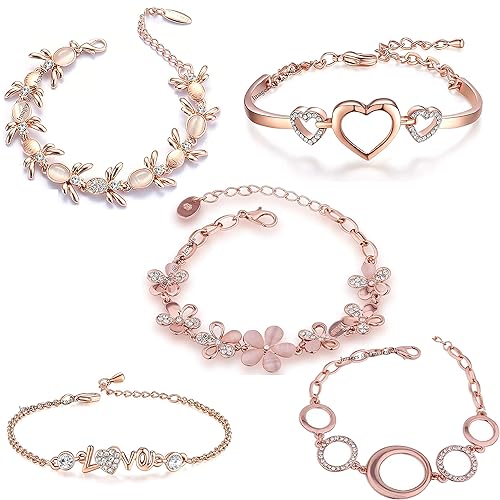 Om Jewells Valentine Gift Rose Gold Plated Jewellery Combo Of 5 Adjustable Chain Bangle Bracelet Emblished With White Crystal Elements Fitted for Girls & Women CO1000280 (Pink)