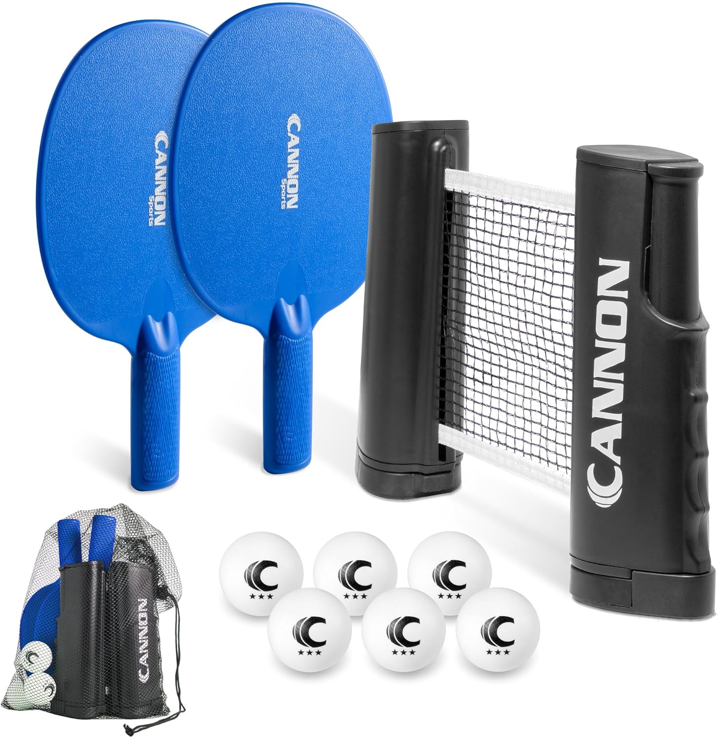 Cannon Sports Table Tennis Set – 2 Unbreakable Paddles, 6 3-Star Balls, Retractable Net & Carry Bag – Clamp-On Portable Ping Pong Net Fits Tables up to 2 Inch Thick, Extends to 6 Feet