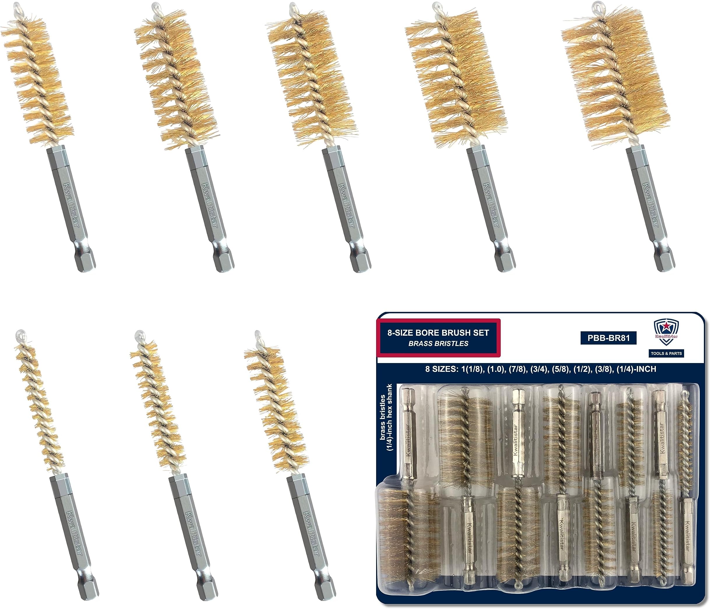 8-Size Bore Brush Set, Brass / Copper Wire Brush for Power Drill, Drill Brush Set, Metal Brush, Cleaning Brush, 1(1/8), 1.0, 7/8, 3/4, 5/8, 1/2, 3/8, 1/4 - inch Diameter, with 1/4-in Hex Shank
