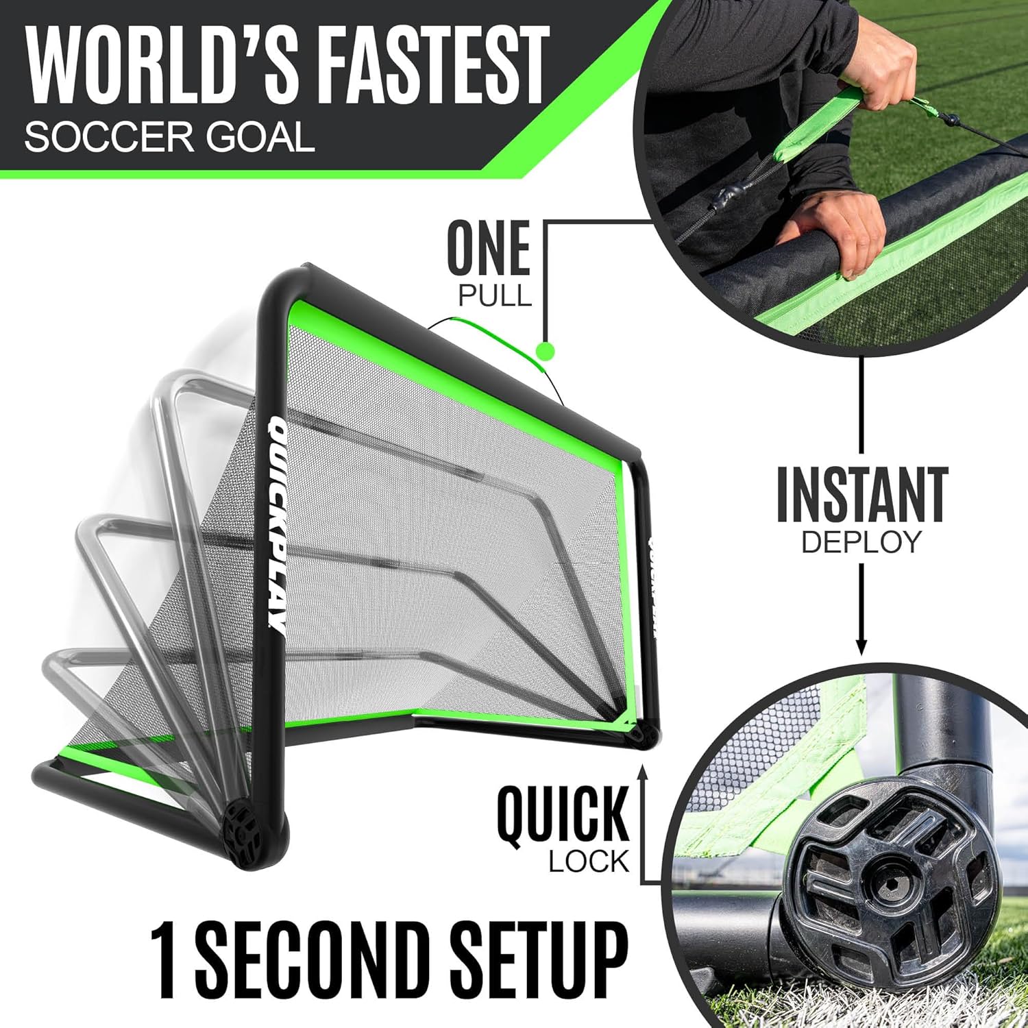 QuickPlay Rhino Portable Soccer Goals – 1 Second Setup Collapsible Aluminum Soccer Goal with Pre-Attached Net – Durable Mini Soccer Goals for Backyard Training, Indoor Play & Small-Sided Games
