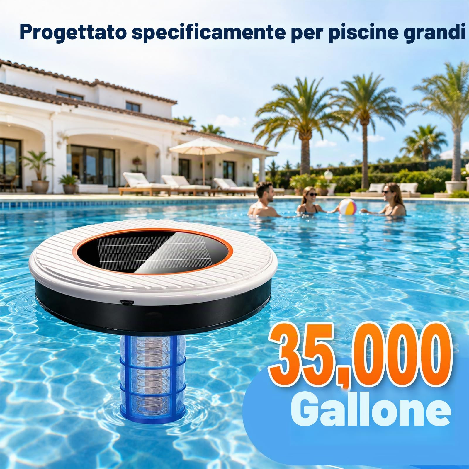 Ionizzatore Solare per Piscina, Ionizzatore in Rame per Piscine Fuori Terra e Interrate, Fino a 35,000 Gal, IP68 Impermeabile, Ionizzatore Galleggiante per Piscine