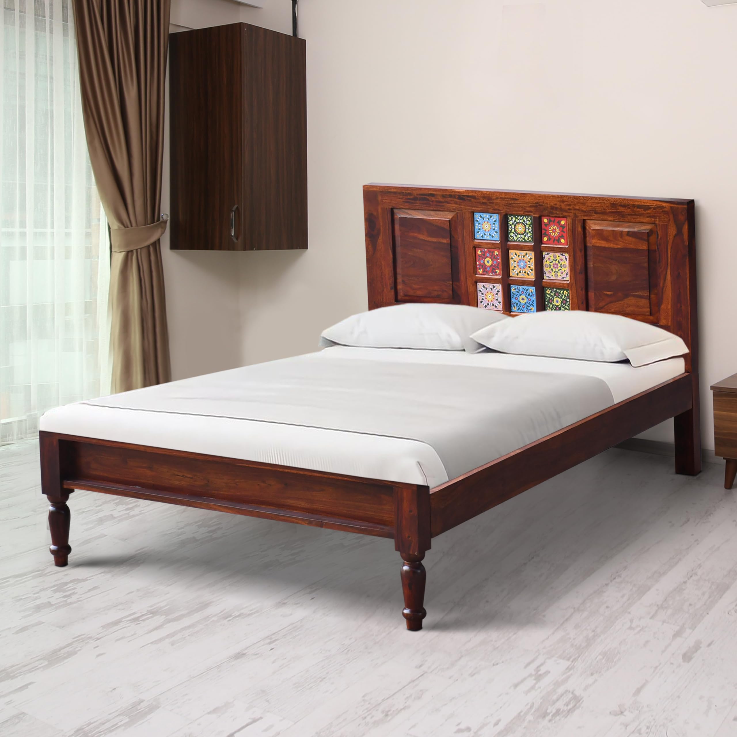 GR FURNITURE A Beautiful Sheesham Wood Double Bed Without Storage with Multicolor Tiles Headboard for Bedroom & Hotel | Mattress Size: 78x48, Honey Oak Finish (DIY)-image-1
